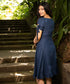 Blue Square Neck Front Button Linen Dress
